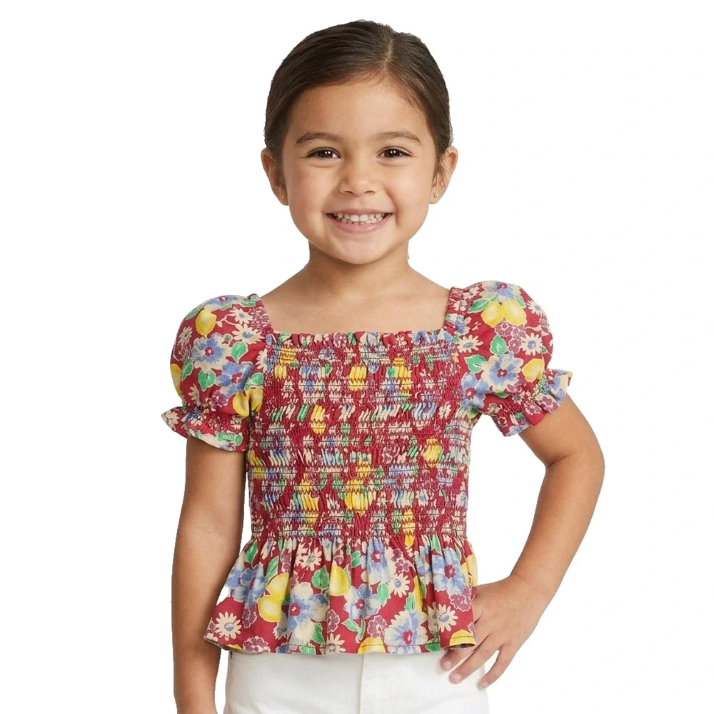 Polo Ralph Lauren Girls Smocked Floral Blouse Top Sz 4 Red Lemon Peplum NWT